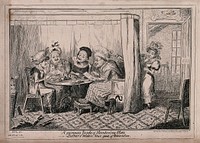 Four elderly ladies sitting around a table gossiping; another woman listens from behind a curtain and looks rather shocked. Etching by George Cruikshank after EHL.