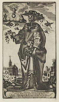 A skeleton as a fashionably dressed woman. Engraving attributed to Gerhard Altzenbach, 16--.