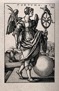 A winged woman holding a palm branch in her right hand and a spinning wheel with a small man perched on top in her left, walks past a globe, while a ship with billowing sails is passing by in the background; representing fortune. Heliogravure after S. Beham, 1541.