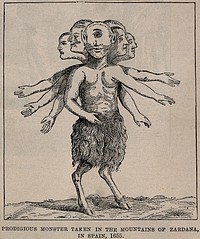 A fantastic monster: a cyclops with multiple heads and arms and the legs of a goat, said to be found in Spain in 1655. Reproduction of a woodcut.