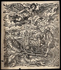 Fame blows her trumpet: below, a man and his dog ride on a sleigh drawn by giant lobsters or crayfish. Woodcut by J. Amman, 1579.