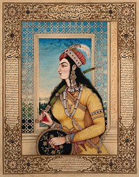Badshah of Jalundur's begum holding a sword and a shield. Gouache painting by an Indian painter.
