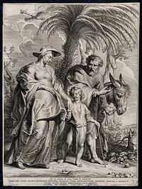 The Virgin Mary, pregnant with James, and Joseph voyage back from Egypt with the child Jesus. Engraving by L. Vorsterman the elder, 1620, after P.P. Rubens.