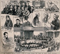 Scenes in the trial of Percy Lefroy Mapleton at Maidstone Assizes for murder of Isaac Gold on the London-Brighton railway. Wood engraving, 1881.