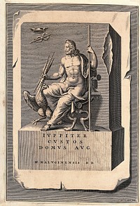 Jupiter represented as a majestic personage seated on a throne, holding in his hands a sceptre and a thunderbolt; at his feet stands a spread eagle. Engraving by Philibert Bouttats.