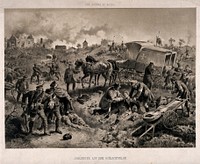 A gloomy battlefield scene with the wounded being tended to and carried away. Lithograph, c.1870.