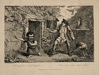 A dwarf throwing away a knife and exclaiming to a startled man and a dog, amidst a rural setting. Etching after G. Cruikshank, 1836.