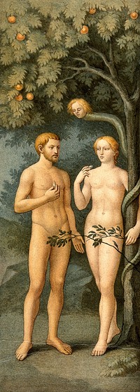 A serpent with a woman's head lurks in the Tree of Knowledge above Adam and Eve. Chromolithograph after Masolino.