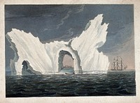 Meteorology: a large iceberg including an arch within which people are standing. Coloured aquatint.