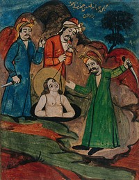 Hazrat Yusuf (Joseph) is lowered into the well by his jealous brothers. Gouache painting by an Indian artist, ca. 1800.