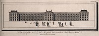 St Luke's Hospital, Cripplegate, London, with a number of figures in the foreground. Engraving by W. Deeble, 1785.
