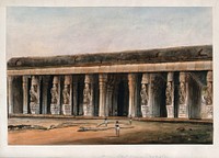 A view of Mandapam, Tamil Nadu, with giant horses carved on the pillars. Watercolour by an Indian painter.