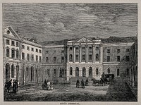 Guy's Hospital, Southwark: inside the courtyard. Wood engraving by W. J. Welch.