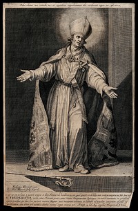 Frederick, 8th bishop of Utrecht, stabbed in the heart. Engraving by Frederick Bloemaert after Abraham Bloemaert, 1630/1680.