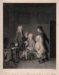 An episode in Tristram Shandy: Dr. Slop being introduced to Tristram Shandy's father, who is smoking with a friend in his parlour. Stipple engraving by W. Haines, 1809, after L. Sterne.