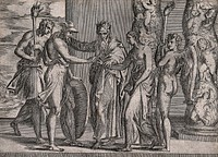 The marriage of Perseus and Andromeda by Cepheus. Etching by Battista Angolo del Moro after Primaticcio.