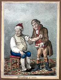 An ill man being bled by a surgeon. Coloured etching by J. Gillray, 1804, after J. Sneyd.