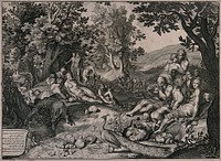 The golden age: men, women and children are playing and enjoying themselves in a grassy, wooded area. Engraving after Abraham Bloemaert.