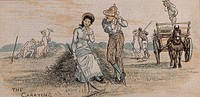 Men and women on a haymaking holiday sit on piles of harvested hay holding rakes and pitchforks, while others load up the haycart. Colour wood engraving after R. Caldecott, 1881.