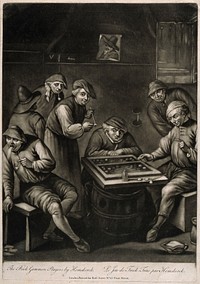 Two men playing backgammon on a barrel-table as others watch and smoke. Mezzotint after E. van Heemskirk.