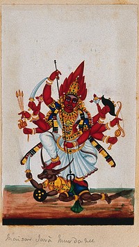 Mahishasuramardini ; Durga killing the demon Mahisha. Gouache painting by an Indian artist.