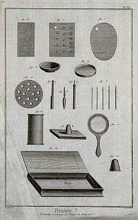Materials and utensils for painting in miniature. Engraving by R. Bénard after Bourgeois.
