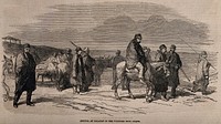 Crimean War: arrival of wounded at Kalafat from Citate. Wood engraving.