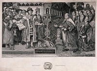 Monks receiving alms from a king. Engraving by T. King.