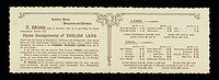 Easter, 1899 : F. Monk begs to announce that he is providing for Easter comsumption several very choice consignments of English lamb direct from the farms at Wallingford, Chichester and Bridewater / F. Monk, London Road, Kingston-on-Thames.