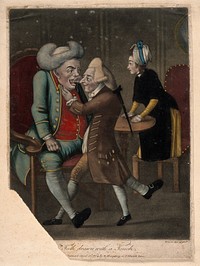 A 'dentiste' extracting the tooth of a large well dressed gentleman. Coloured mezzotint by J. Wilson after himself, 1773.