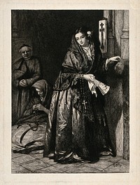 A woman entering church for the rosary. Etching by G. W. Rhead after G. Phillips, 1857.