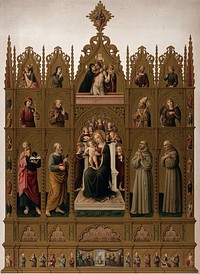 The Virgin and Child with attendant saints. Chromolithograph by F. Frick after Scaraviglia after Niccolo da Foligno, 1471.