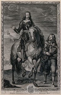 King Charles I on horseback wearing armour, a page at his side is holding his helmet; battle in the background. Engraving by P. Lombart, 166-, after A. Van Dyck.