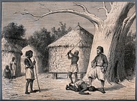 North Africa : a black man is pinned to the ground by a Turk  who treads on his neck, while two other black men beat him with sticks. Wood engraving by C. Laplante, ca. 1880 .