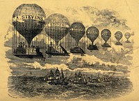 A line of hot-air balloons loaded with boxes advertise "A. Stevens" as they travel over a line of sailing ships. Wood engraving.