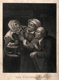 A rustic blacksmith turned tooth-drawer extracting a tooth from an anxious woman patient, her husband observes the situation. Engraving after J. Harris the elder.