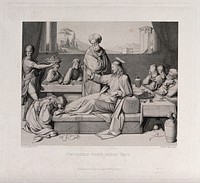Saint Mary Magdalen anoints Christ's feet at the meal of Simon the Pharisee. Etching by F.A. Ludy after J.F. Overbeck.