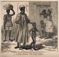 Cape Coast Castle, Ghana: a blind man is led through the street by a boy. Wood engraving by J.J.