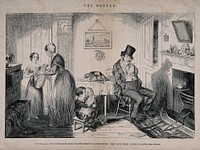 A drunken man sits at home with his family who must sell clothes to pay for his habit. Etching by G. Cruikshank, 1847, after himself.