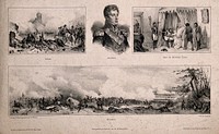 Marshal Duroc, with scenes of his campaigns and his death bed. Lithograph by de Lemercier after V. Adam and N. Maurin.