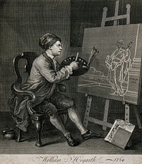 Hogarth painting the comic muse. Etching after W. Hogarth.