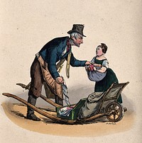 A man is attempting to take some things that a girl has wrapped up in her apron, he has a paper in his other hand and a sack and a box on his trolley. Coloured lithograph by F.B. Dörbeck.