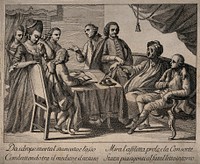 A man suffering from dropsy dictating his will while a physician takes his pulse, he is surrounded by his wife and friends. Engraving.