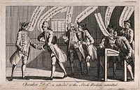The Chevalier D'Eon meets bankers in a London office or coffee-house to discuss wagers placed on whether D'Eon was a man or a woman. Engraving, 1771.