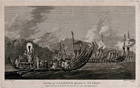 The fleet of Tahiti assembled at Pare. Engraving by W. Woollett, 1777, after W. Hodges.