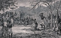 The execution of slaves by means of beheading by the Bakuti, near Equator Station. Wood engraving.