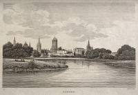 City of Oxford: view from the Cherwell. Etching by J. Roffe.
