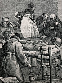 The last rites being administered at the deathbed of a dying monk. Etching by J.A. Riedel, 1754, after G.M. Crespi.