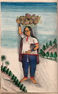 A woman carries a basket of decorated earthern pots on her head. Gouache painting by an Indian artist.