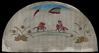 A design for a fan depicting a pastoral scene with Chinese figures on horses. Watercolour painting by a Chinese artist.